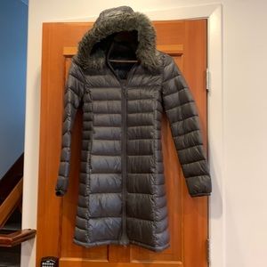 Uniqlo premium down ultra light 3/4 length puffer jacket.